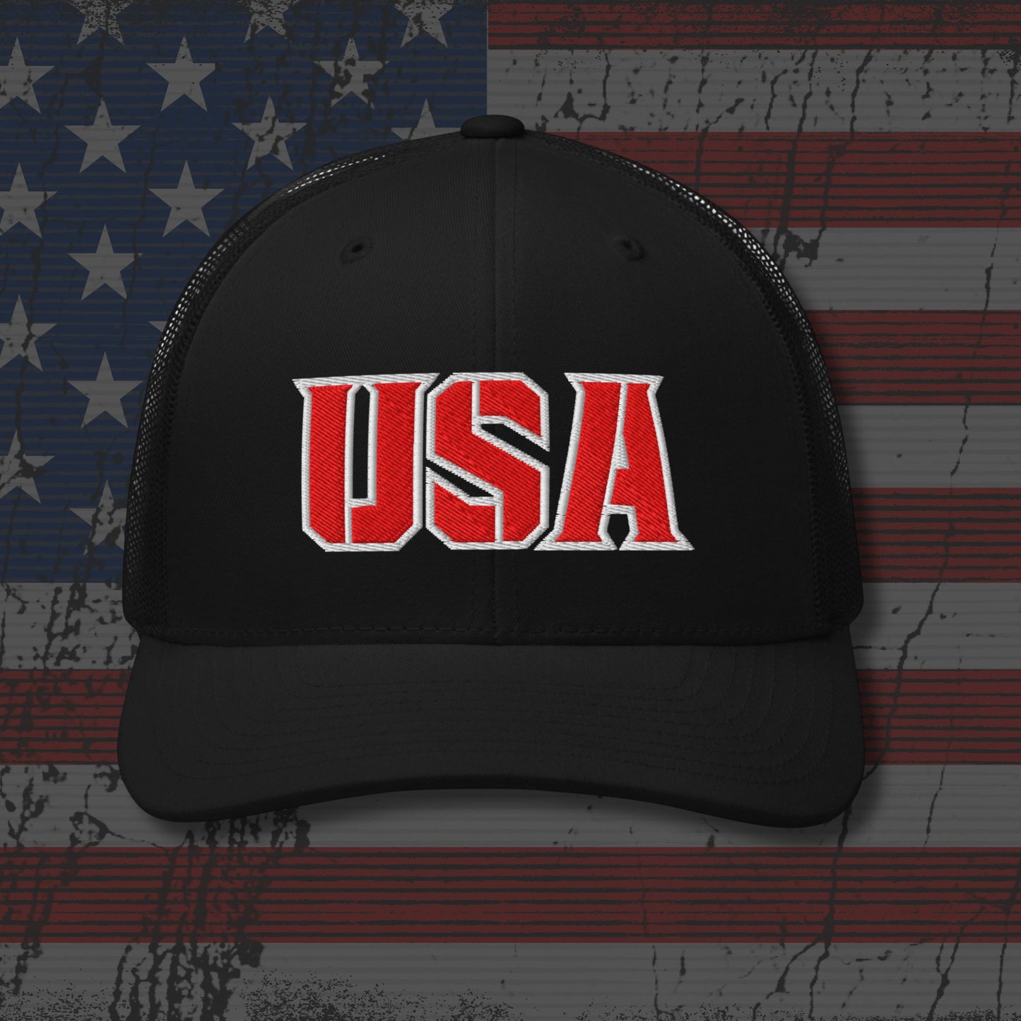 Black cap with 'USA' in red and white on an American flag background