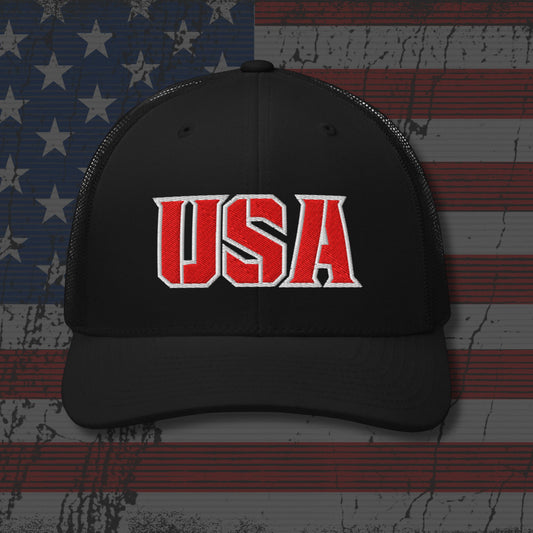 Black cap with 'USA' in red and white on an American flag background