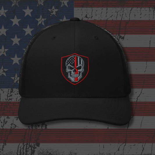 Black cap with a skull and American flag design on an American flag background