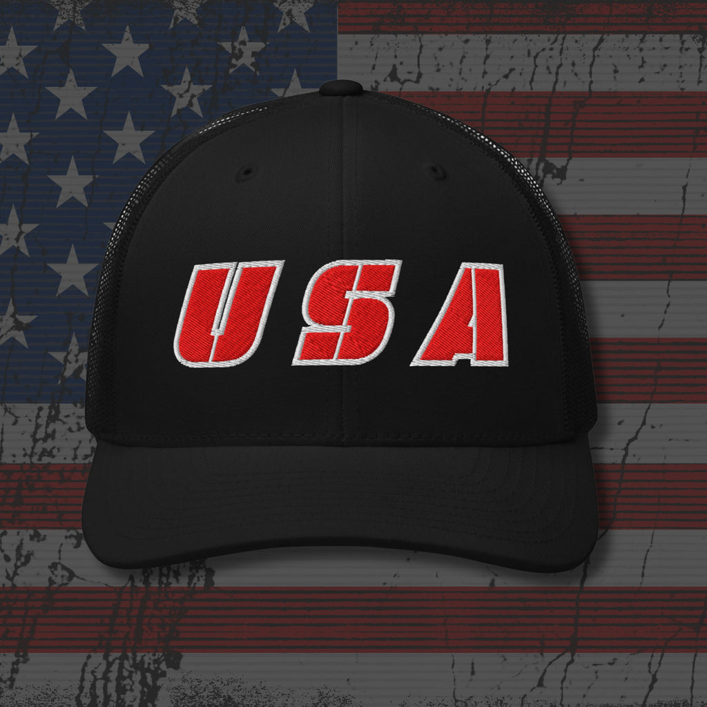 Black cap with 'USA' in red on an American flag background