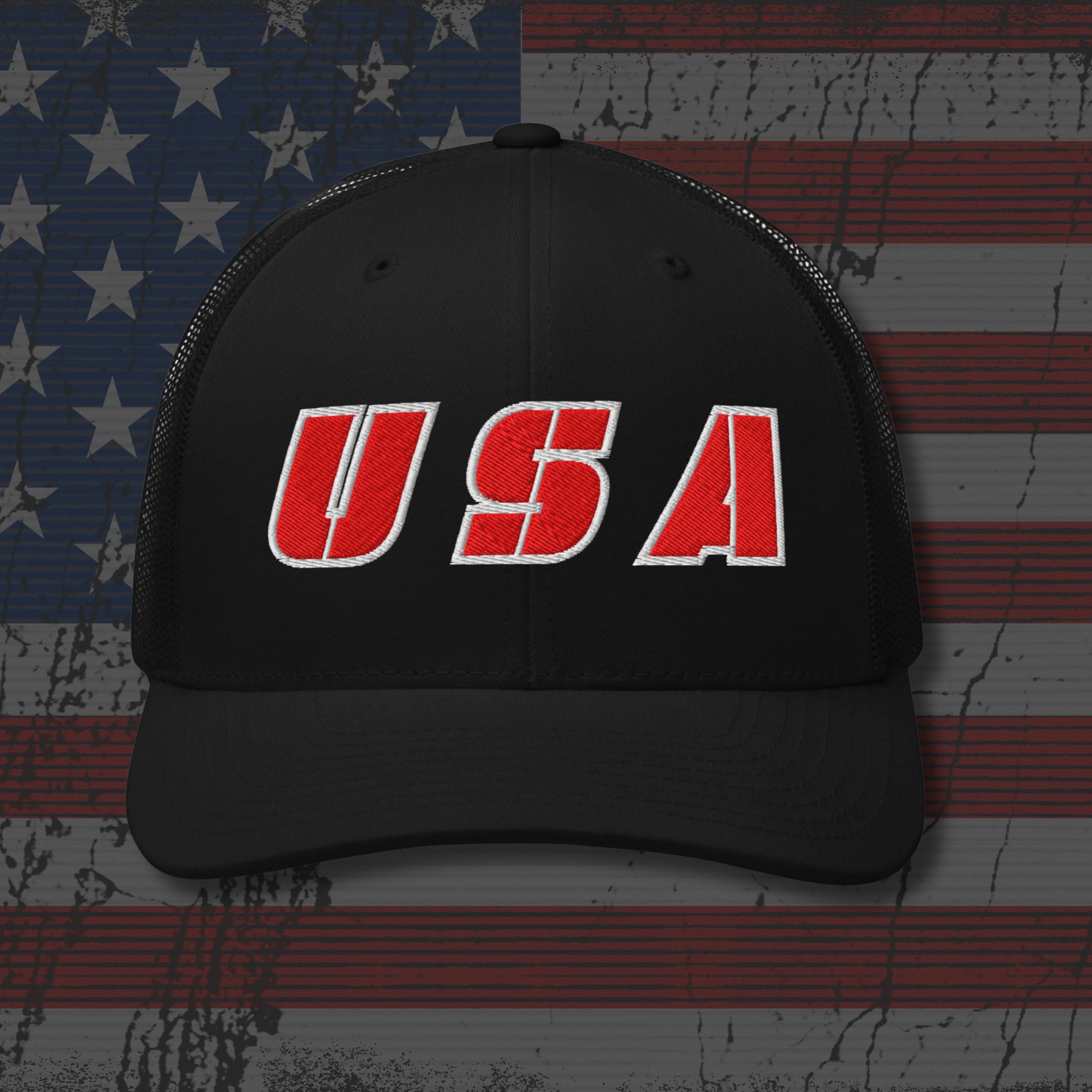 Black cap with 'USA' in red on an American flag background