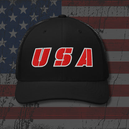 Black cap with 'USA' in red on an American flag background