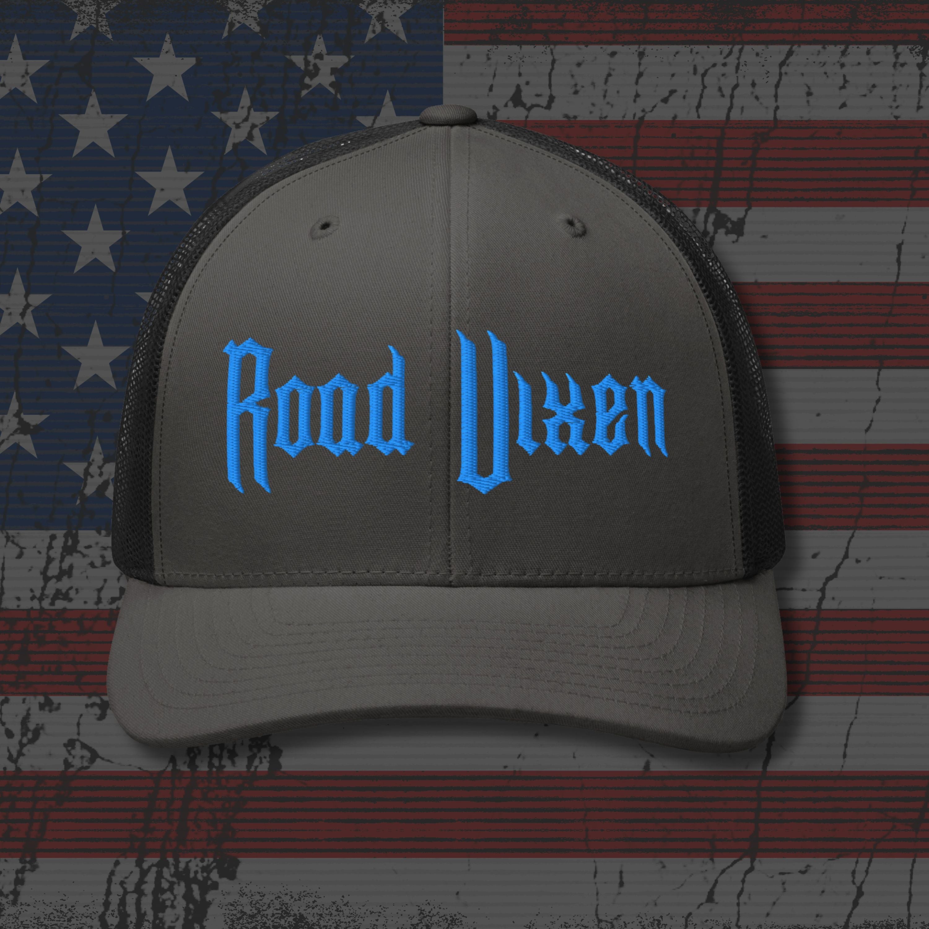Gray cap with 'Road Vixen' text on an American flag background