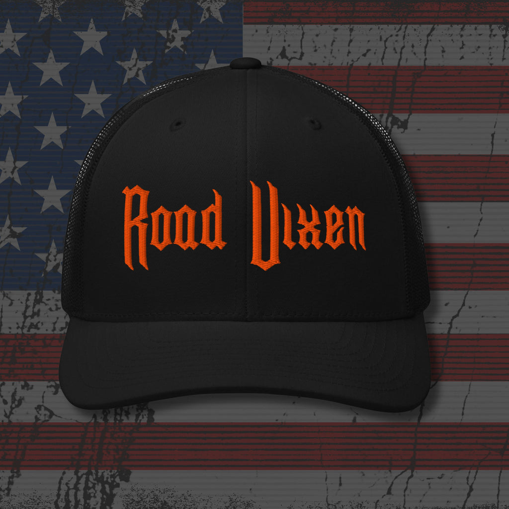 Black cap with 'Road Vixen' text on an American flag background