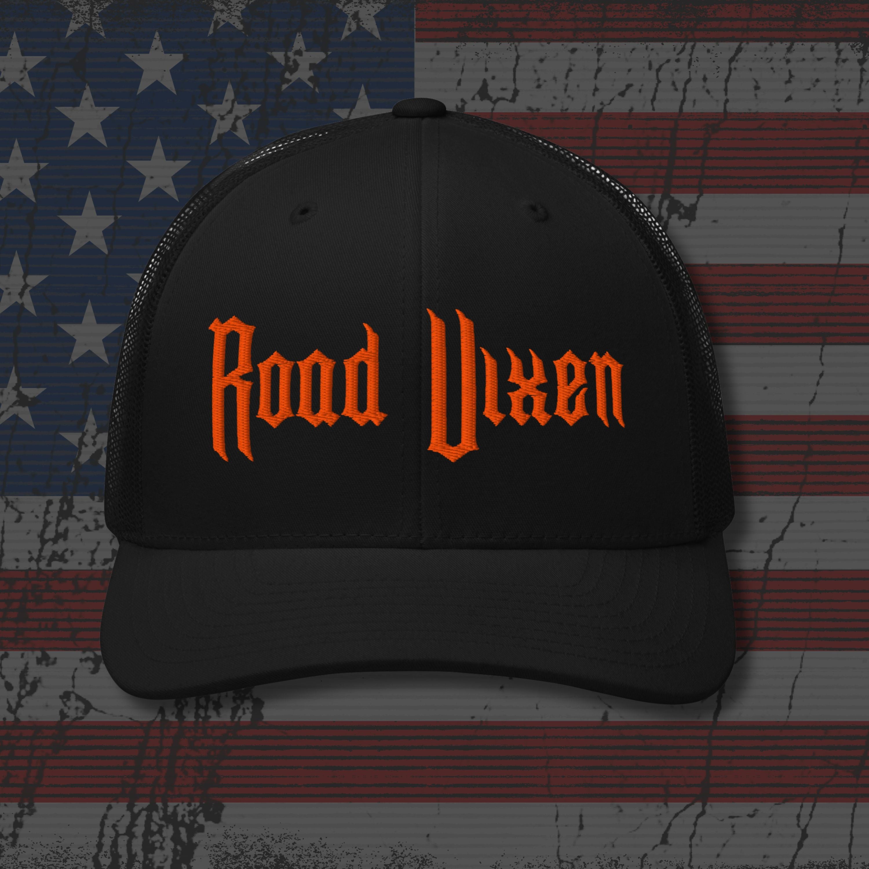 Black cap with 'Road Vixen' text on an American flag background