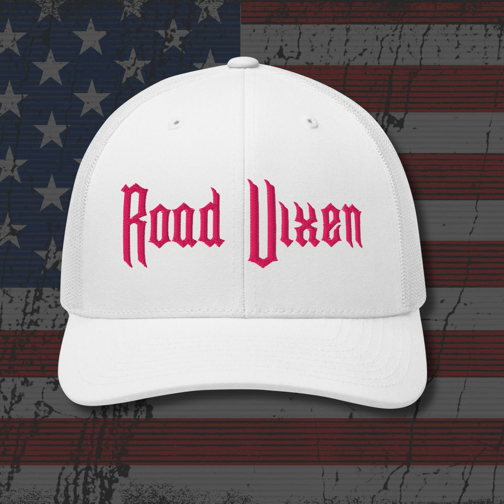 White cap with 'Road Vixen' text on an American flag background