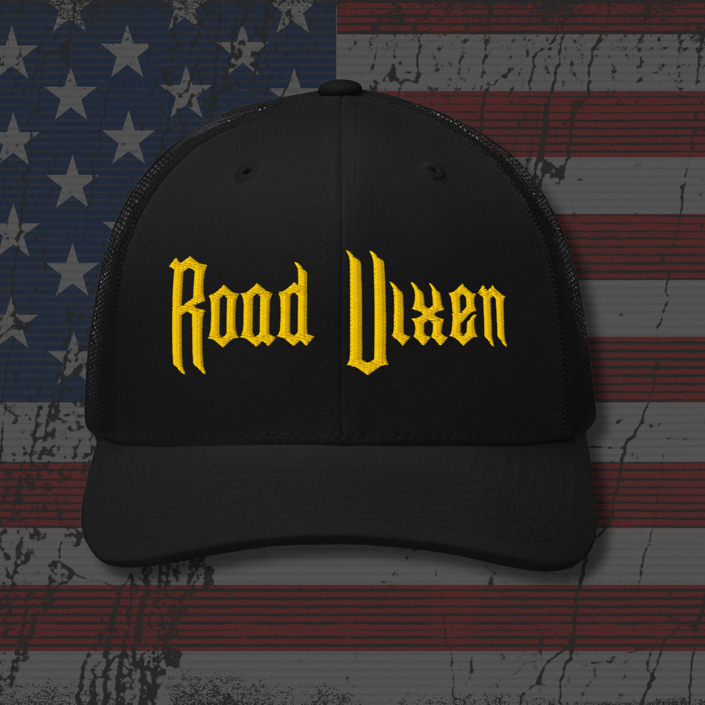 Black cap with 'Road Vixen' text on an American flag background