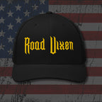 Black cap with 'Road Vixen' text on an American flag background