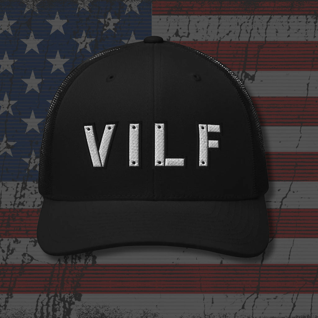 Black cap with 'VILF' on an American flag background