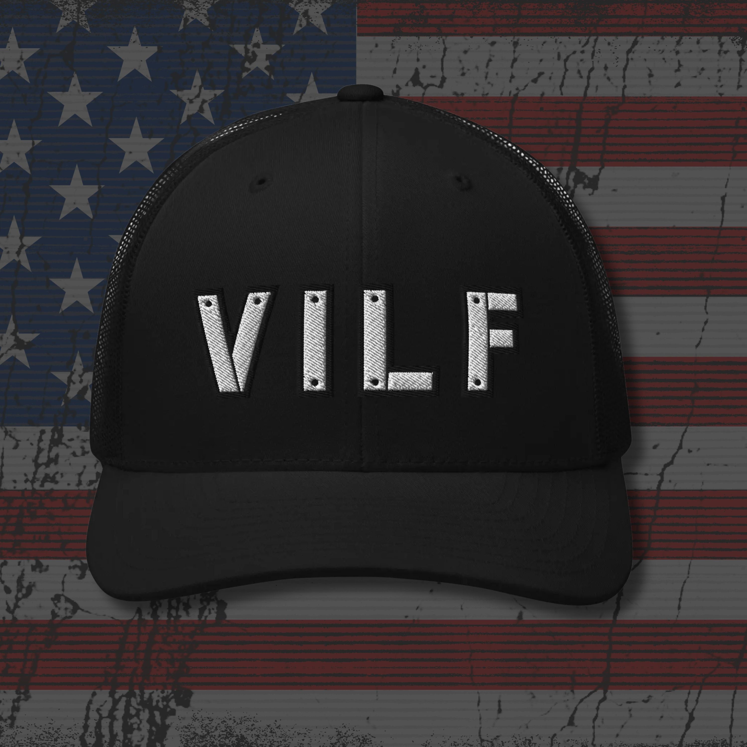 Black cap with 'VILF' on an American flag background