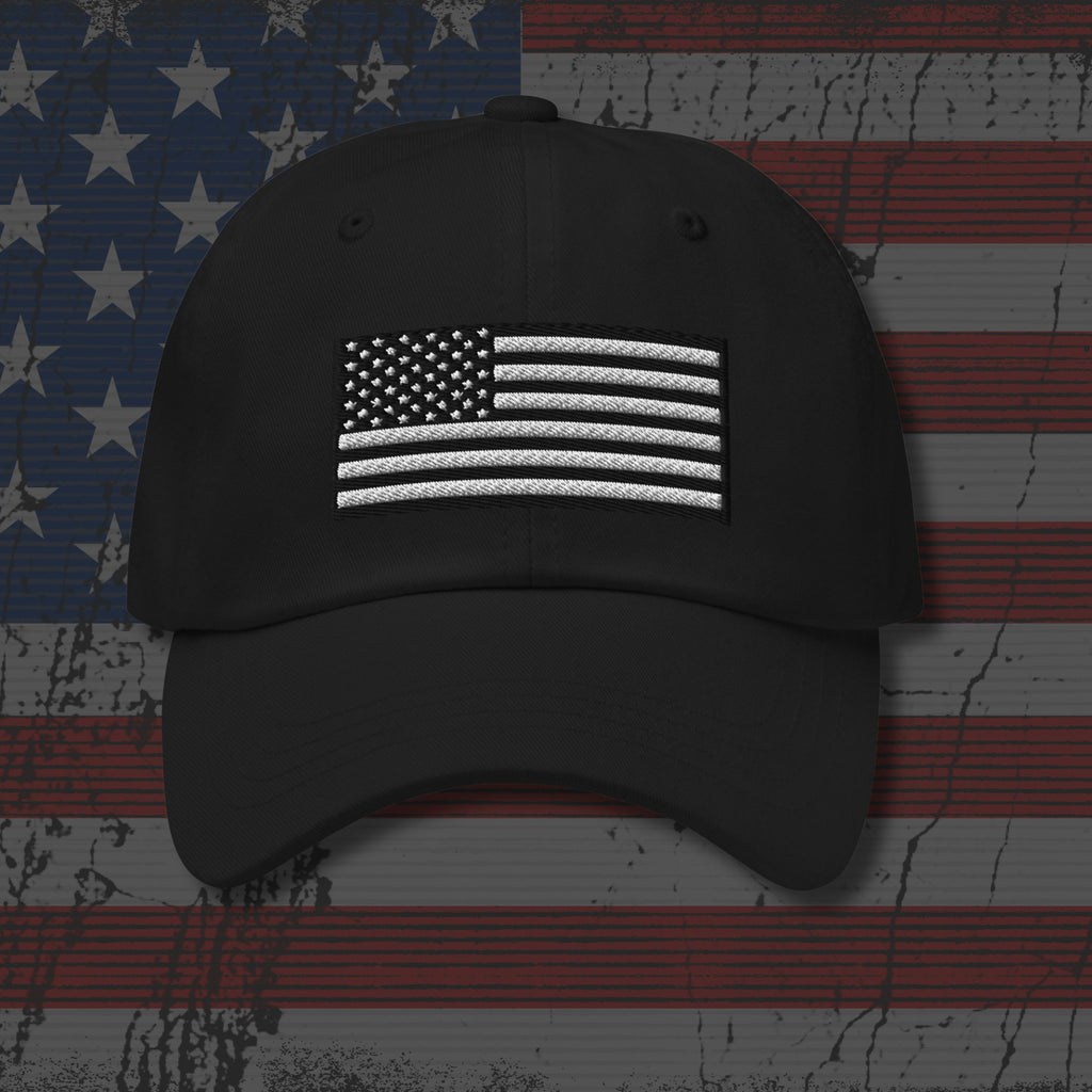 Black cap with American flag design on a distressed American flag background
