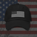 Black dad hat with embroidered Black and White American Flag, back view