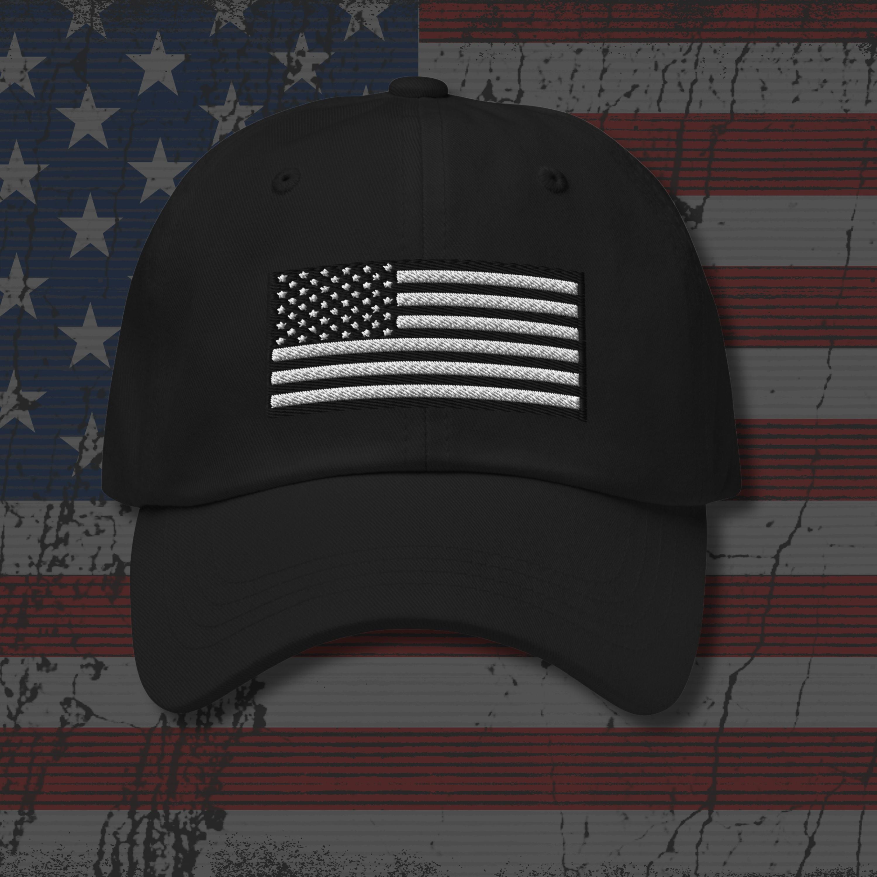 Black cap with American flag design on a distressed American flag background