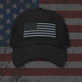 Black dad hat with embroidered Blackout American Flag, back view
