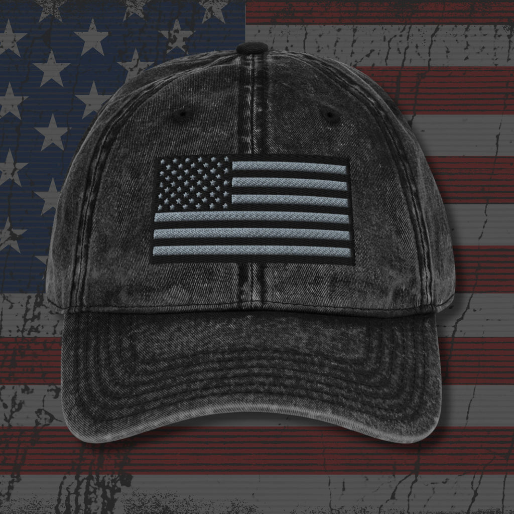 Vintage-style cap with American flag patch on an American flag background