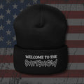 Black beanie with embroidered Welcome To The Shitshow, back view