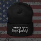 Black beanie with 'Welcome to the Shitshow' text on an American flag background