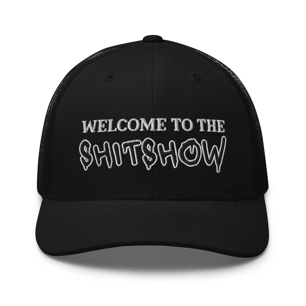 Product mockup of "Welcome to the SH*TSHOW" cap – Embroidered Spray Paint Stitching on Snapback Mesh Trucker Cap for Men and Women