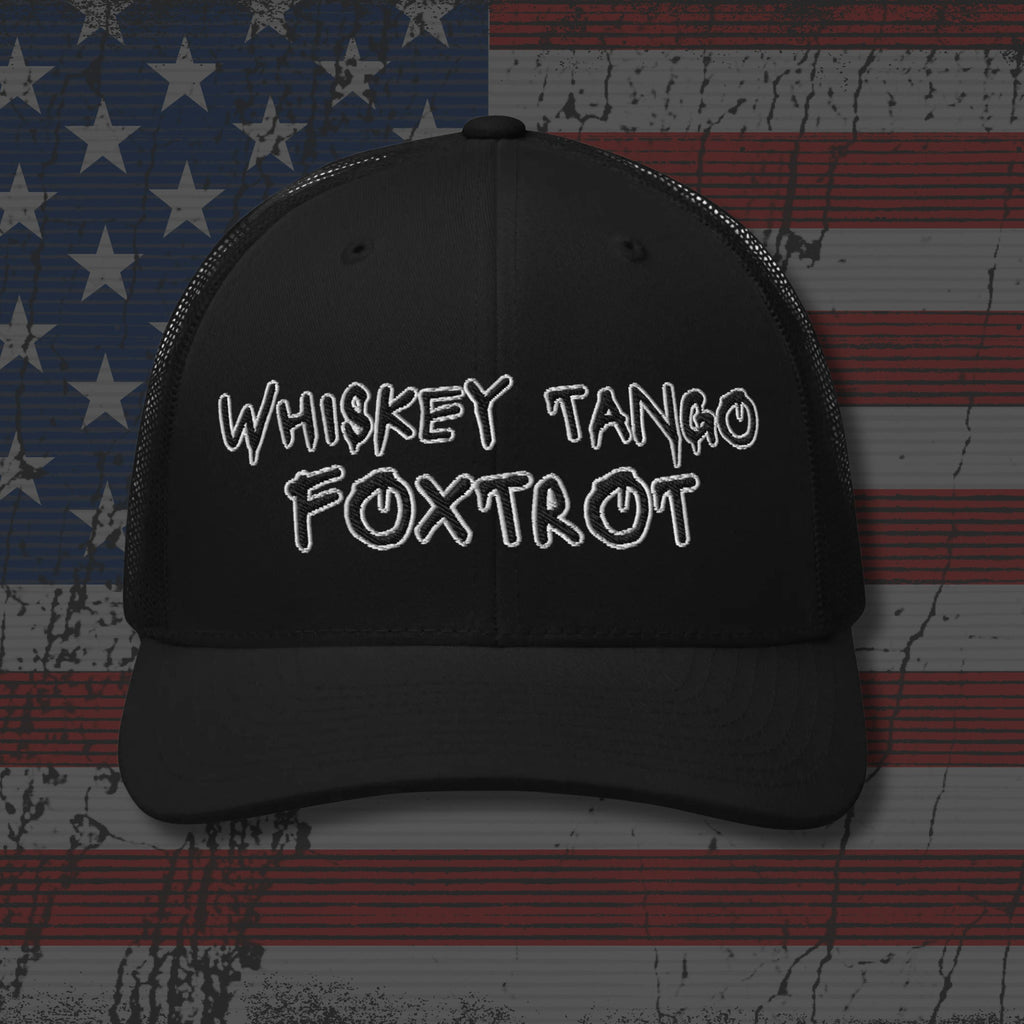Black cap with 'WHISKEY TANGO FOXTROT' text on an American flag background