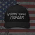 Black snapback hat with embroidered Whiskey Tango Foxtrot, back view