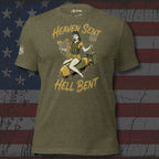 Heaven Sent Hell Bent back print tee with vintage pin-up woman sitting on a bomb holding a harp and pitchfork on olive green shirt