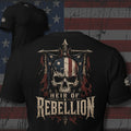 crowned American flag skull with Heir of Rebellion text back print black tee from Infidel Collective