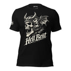 Black t-shirt with a skull and dragon design and 'Hell Bent' text on a white background