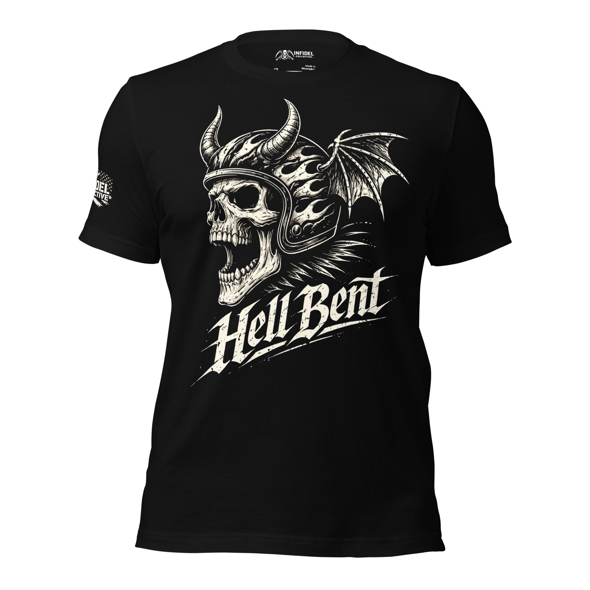 Black t-shirt with a skull and dragon design and 'Hell Bent' text on a white background