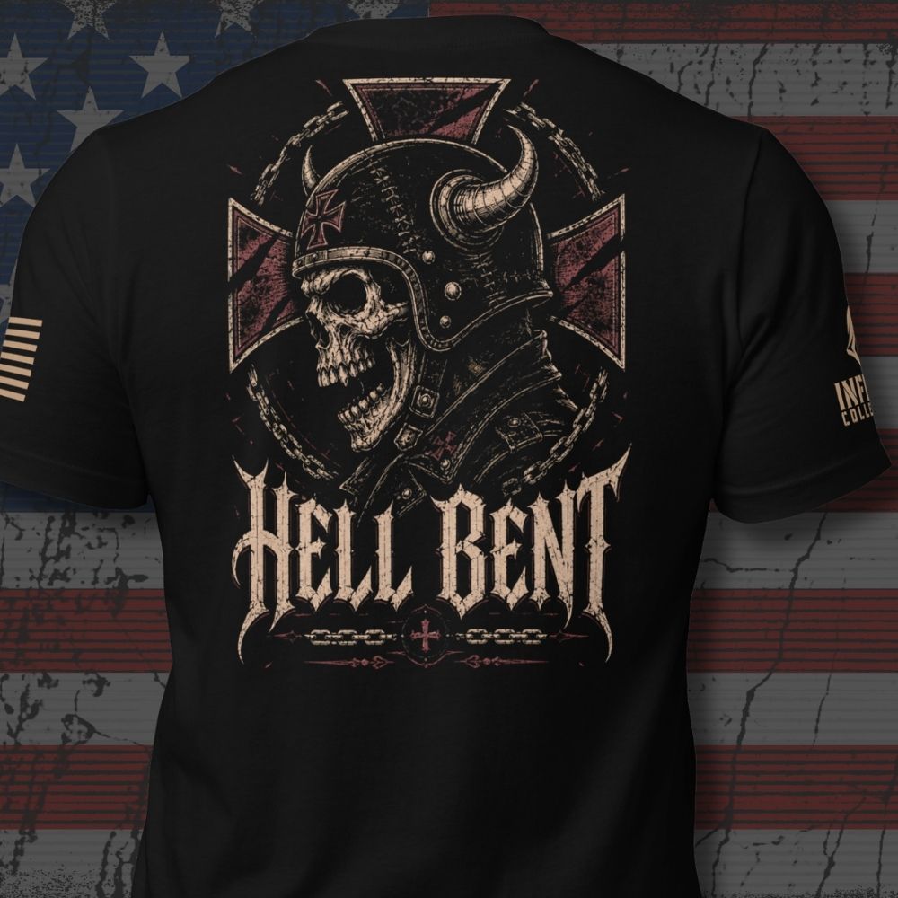 Back view of Black Hell Bent Biker Skull Back Print tee.
