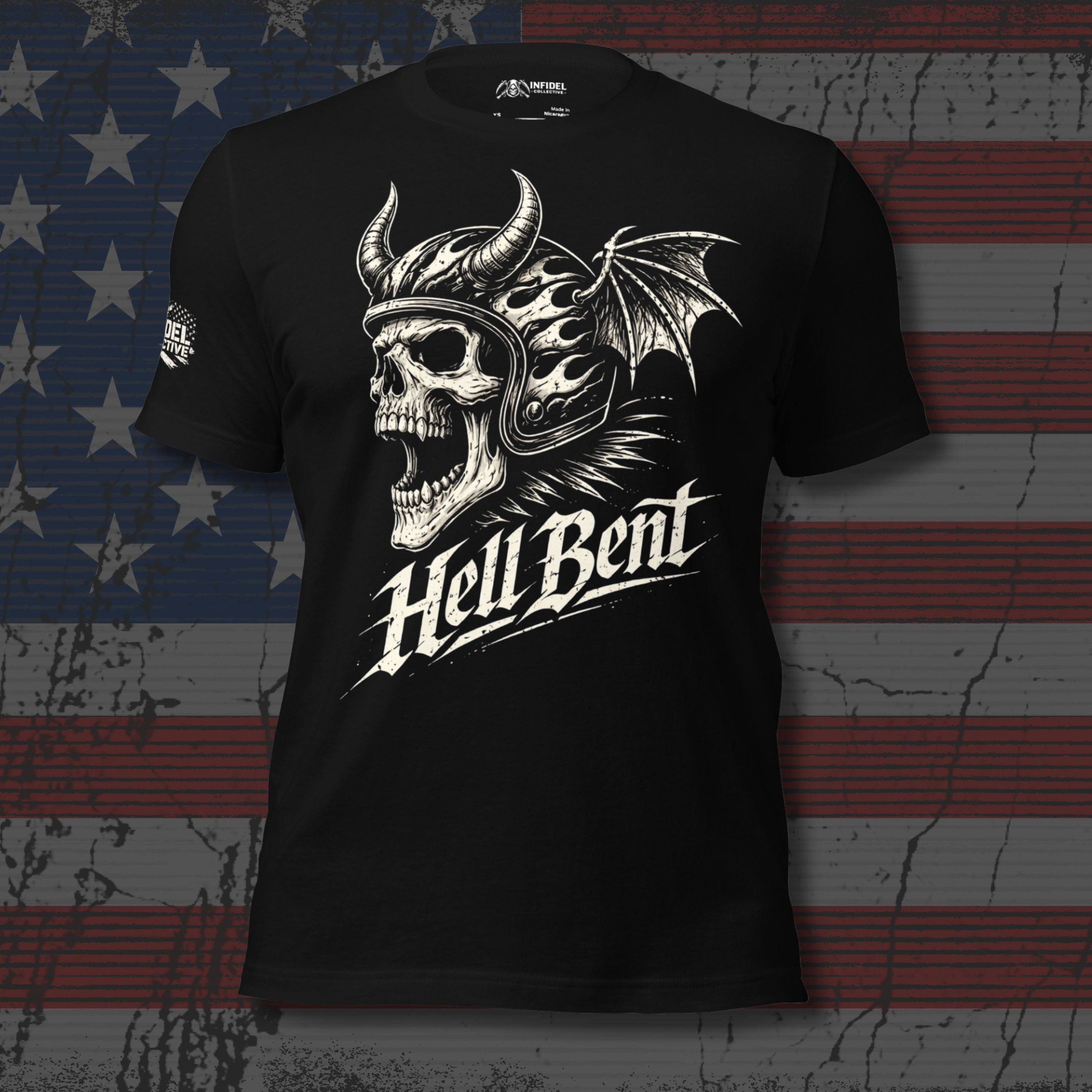 Black t-shirt with a dragon skull design and 'Hell Bent' text against an American flag background.