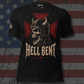 Hell Bent horned helmet skull over a red iron cross design front print black tee from Infidel Collective
