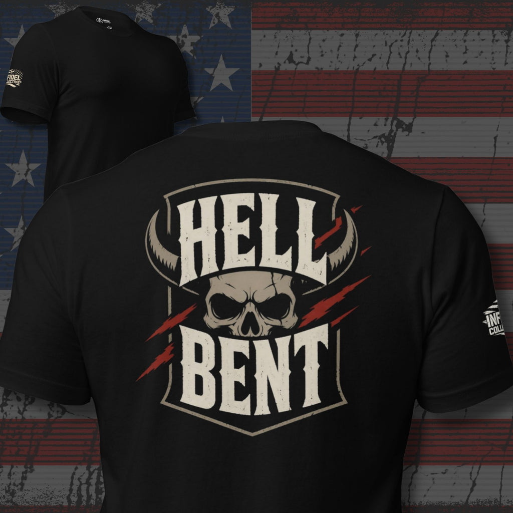 Hell Bent skull shield back print black tee from Infidel Collective