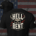 Hell Bent horned skull inside a black shield design back print black tee from Infidel Collective