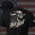 Hell Bent screaming horned helmet skull design back print black tee from Infidel Collective