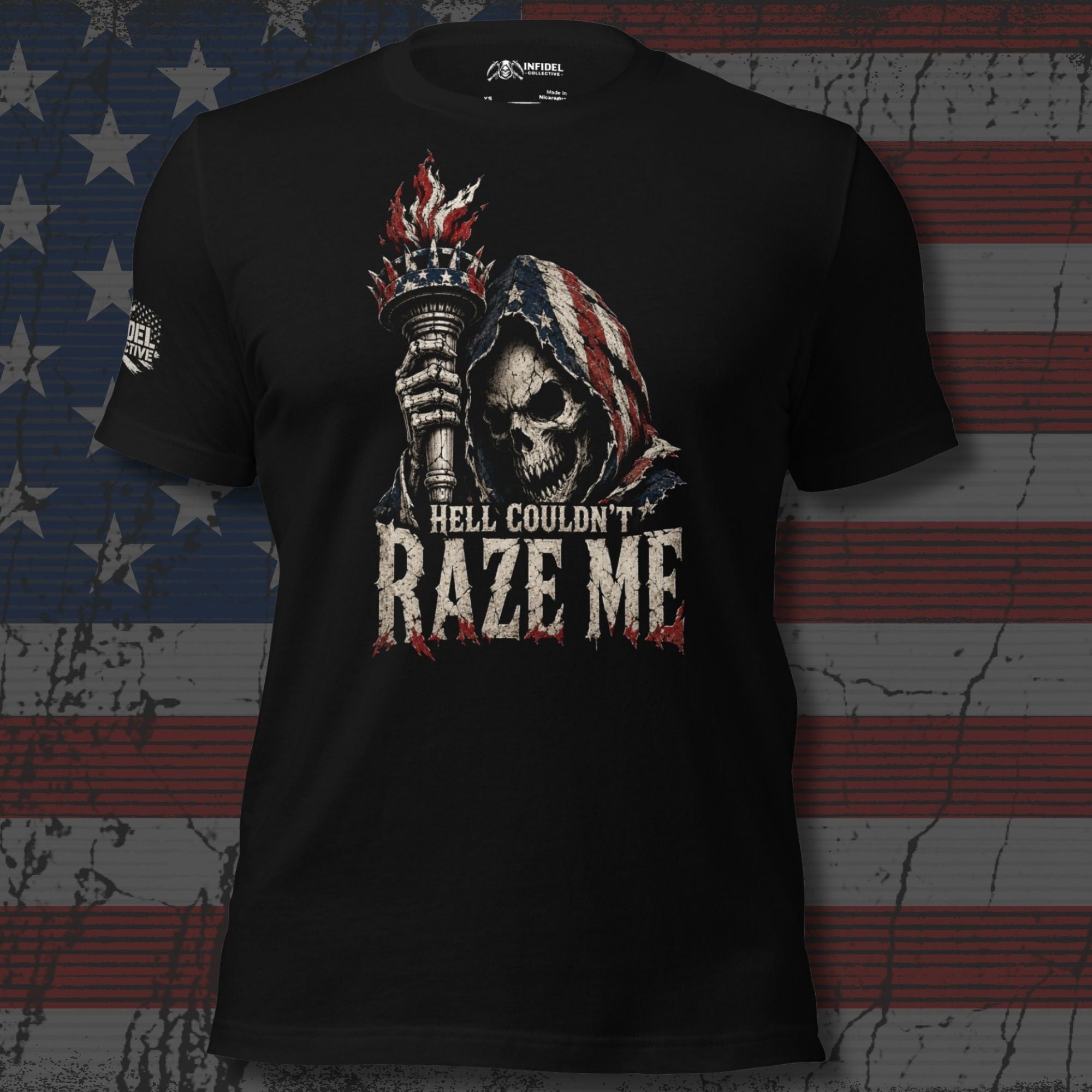 Hell Couldn't Raze Me flag reaper holding a burning liberty torch design front print black tee from Infidel Collective