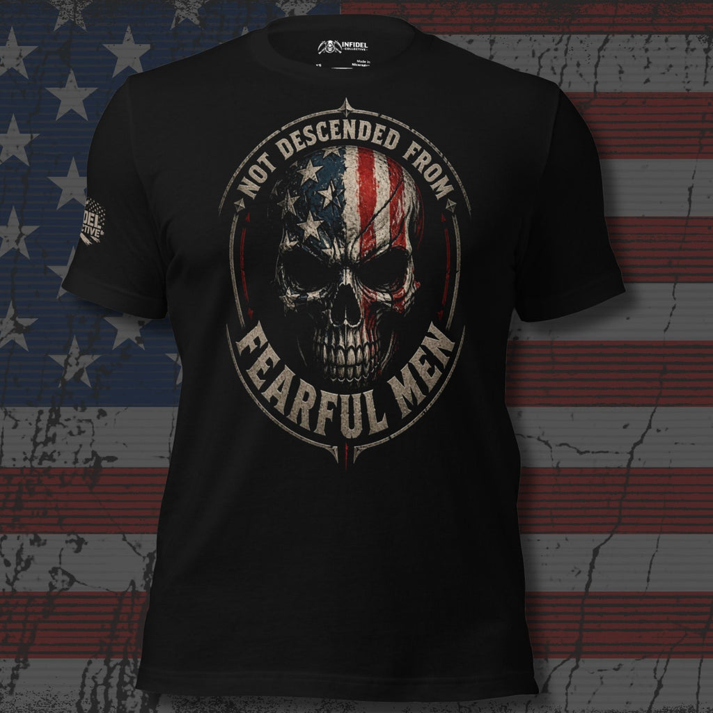 Not Descended From Fearful Men skull flag graphic black tee from Infidel Collective