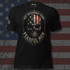 Not Descended From Fearful Men skull flag graphic black tee from Infidel Collective