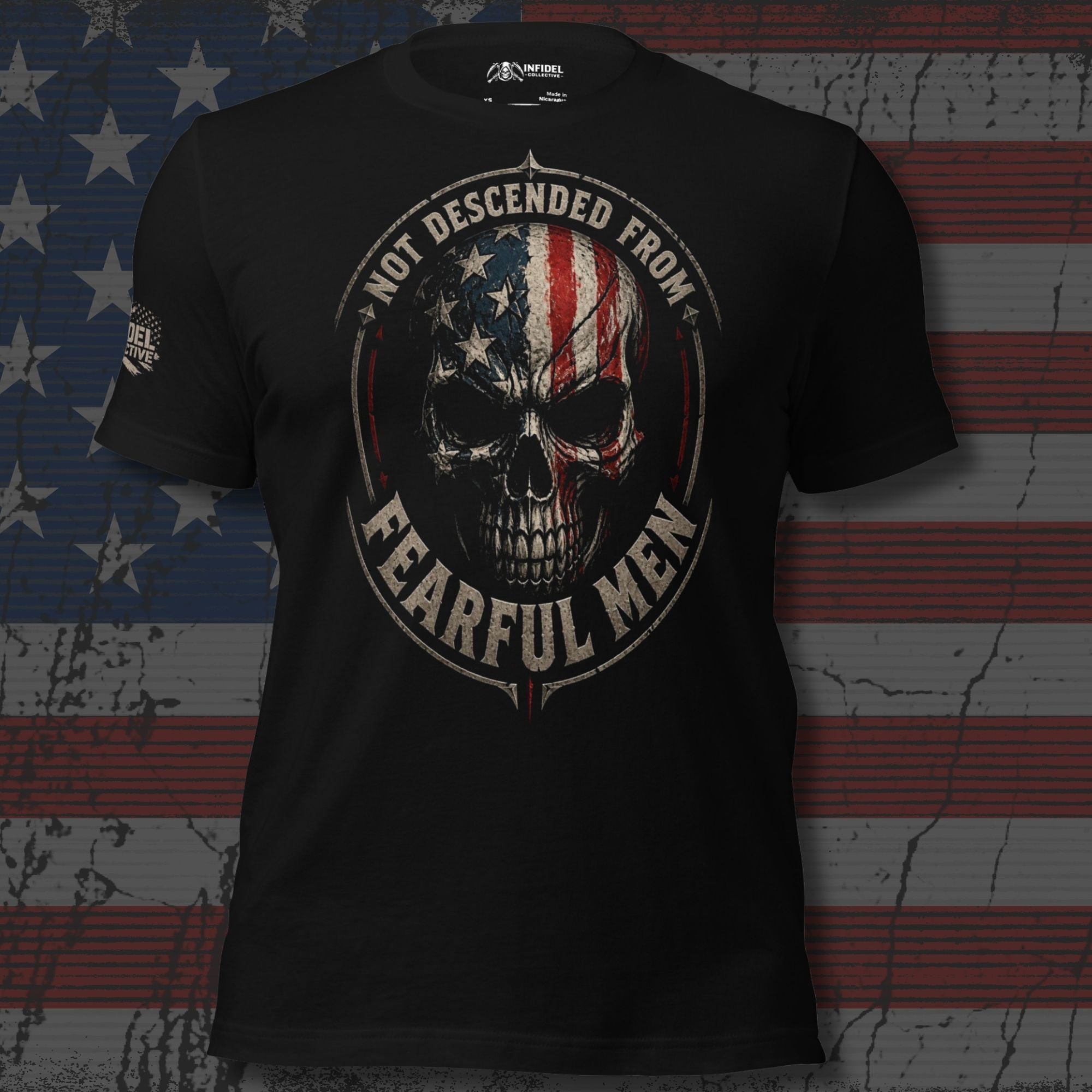 Not Descended From Fearful Men skull flag graphic black tee from Infidel Collective