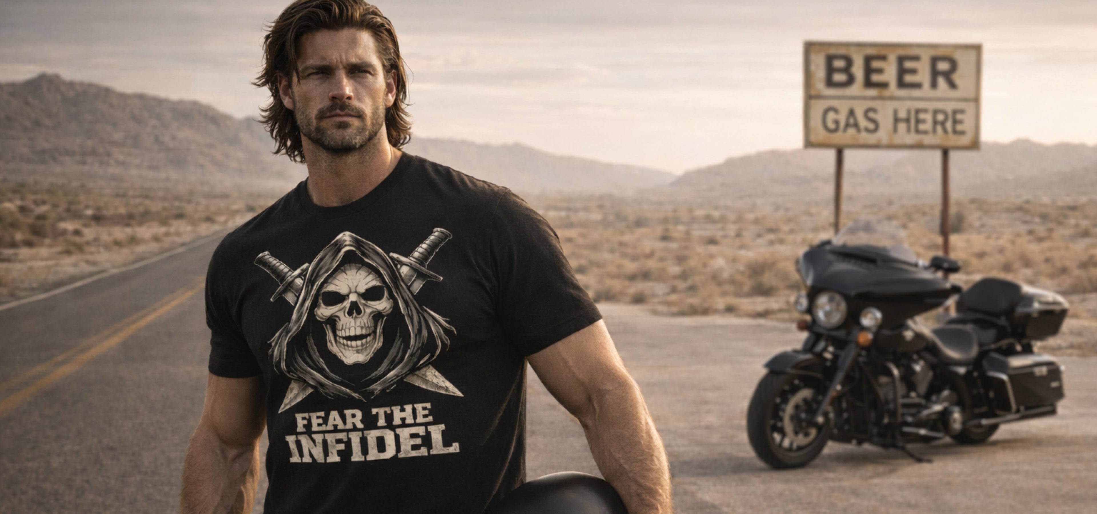 Man in a black t-shirt with a motorcycle and 'Beer Gas Here' sign in the desert.