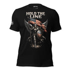 Black t-shirt with warrior graphic and 'Hold the Line' text on a white background