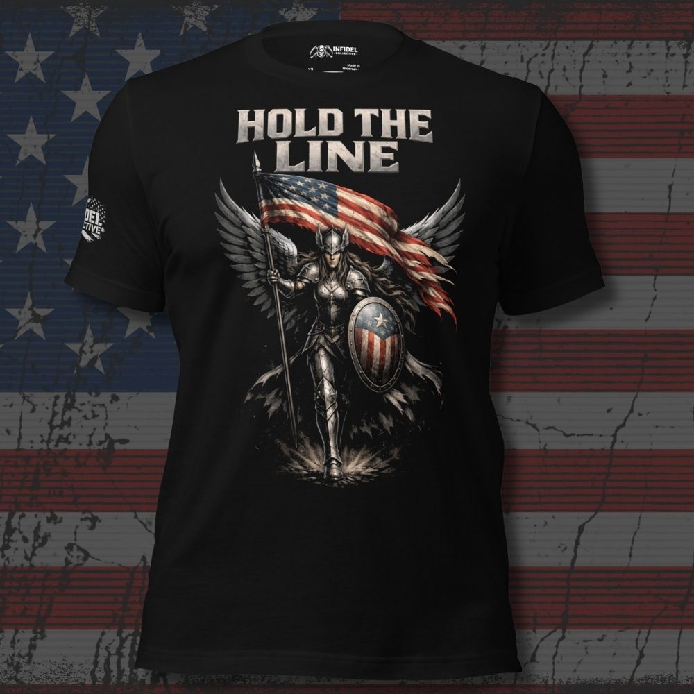 Black t-shirt with warrior graphic and 'Hold the Line' text on an American flag background