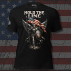 Black t-shirt with warrior graphic and 'Hold the Line' text on an American flag background