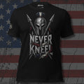 Spartan helmet and crossed spears with Never Kneel text front print black tee from Infidel Collective