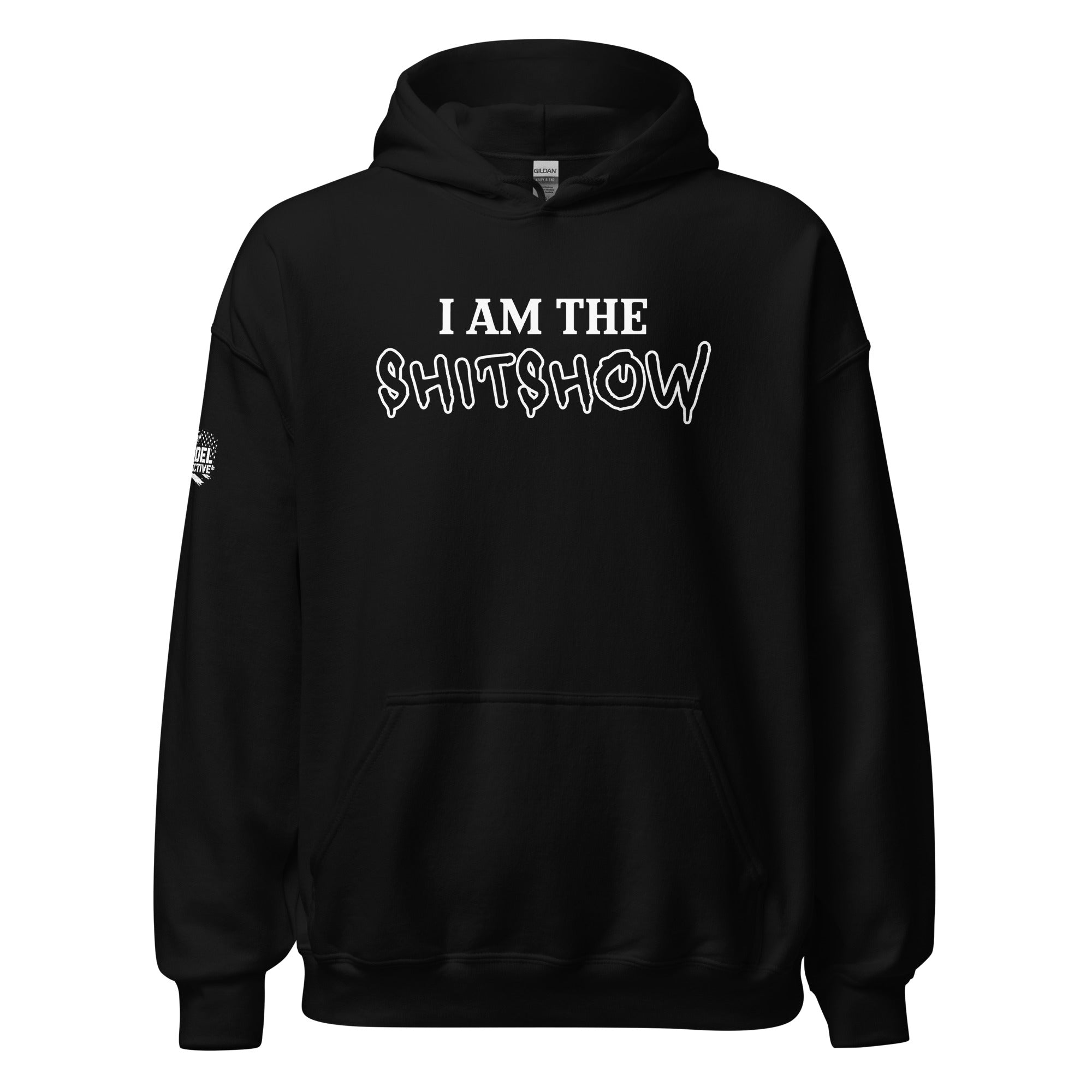 Black hoodie with 'I am the shitshow' text on a white background