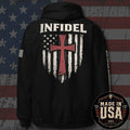 USA Made Crimson Cross Infidel Flag Back Print Hoodie