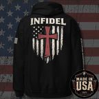 USA Made Crimson Cross Infidel Flag Back Print Hoodie