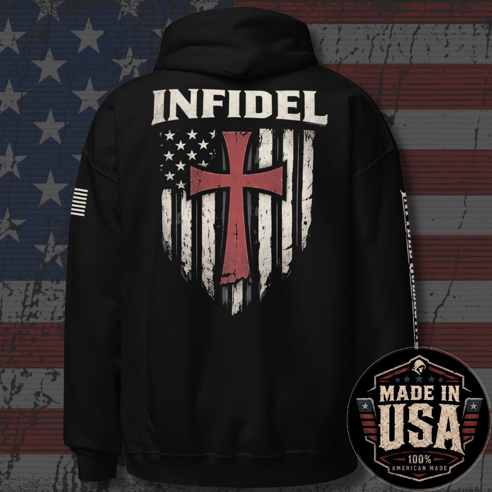 USA Made Crimson Cross Infidel Flag Back Print Hoodie