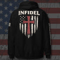 Black pullover hoodie shown from the back, featuring a large distressed graphic with the word "INFIDEL" above a red cross over a white and blue American flag design. The hoodie is photographed against a rustic American flag background.