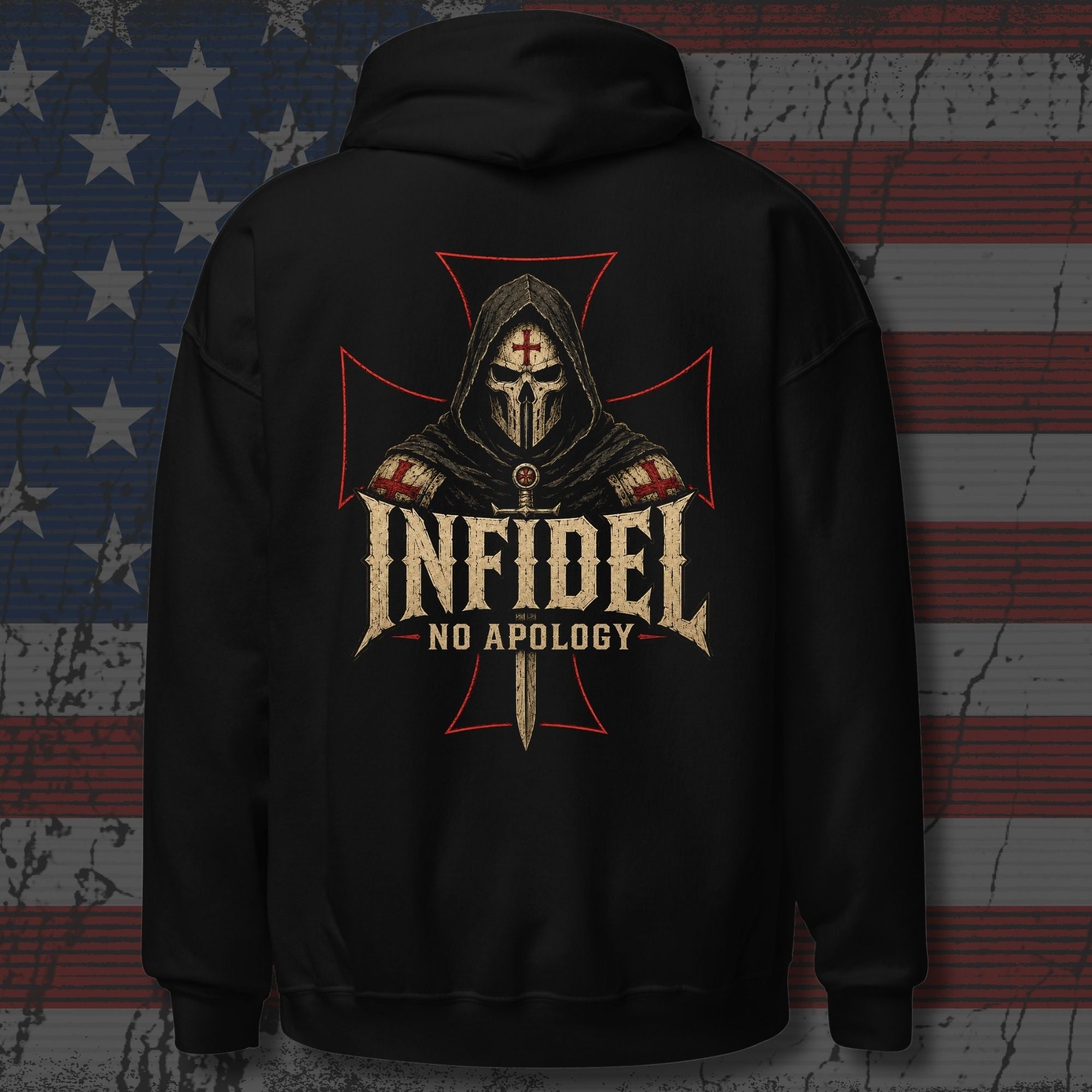 Black hoodie with 'Infidel No Apology' design on a distressed American flag background
