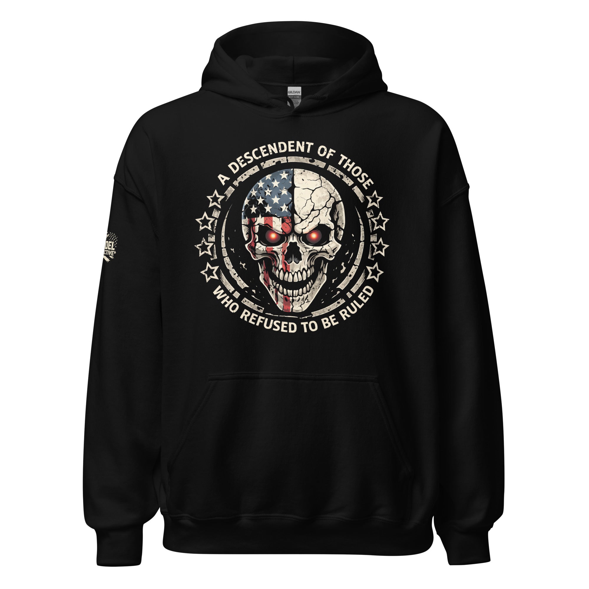 Black hoodie with skull design and text on a white background